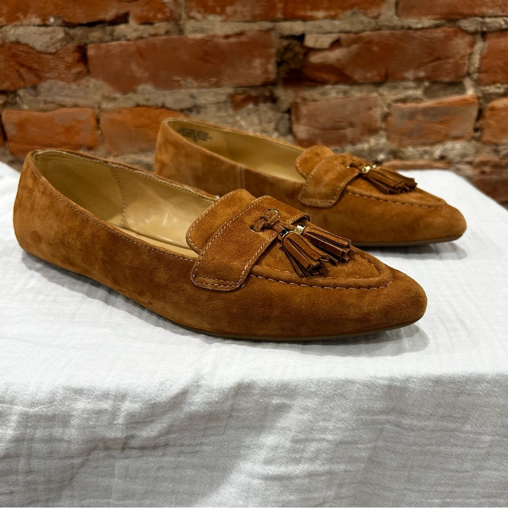 Talbots Francesca Amber Camel Tan Brown Suede Driving Slides Tassel Loafers 7